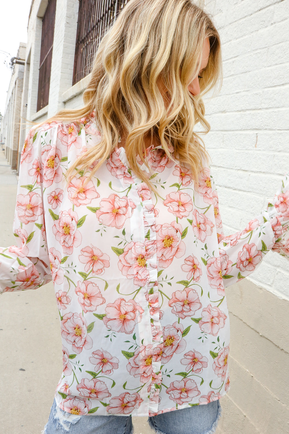 The Feminine Touch Chiffon Button-Down Floral Ruffle Sleeve Blouse - Magnolia Taken Moments