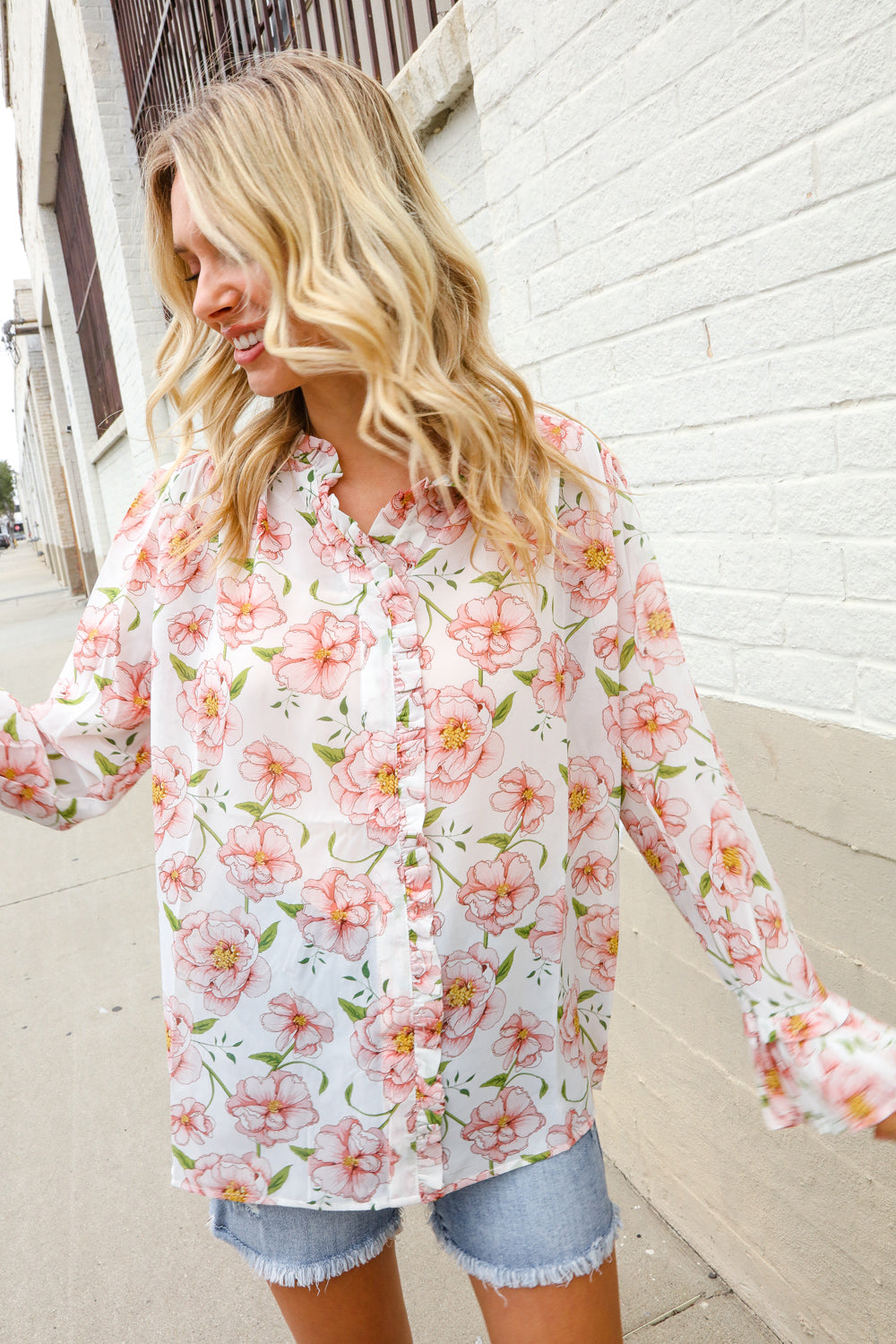 The Feminine Touch Chiffon Button-Down Floral Ruffle Sleeve Blouse - Magnolia Taken Moments