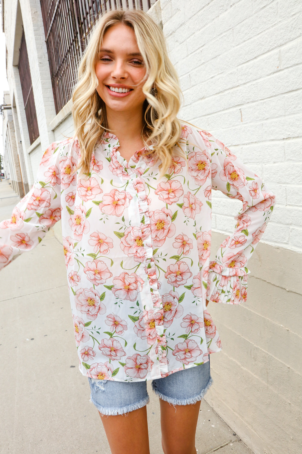 The Feminine Touch Chiffon Button-Down Floral Ruffle Sleeve Blouse - Magnolia Taken Moments