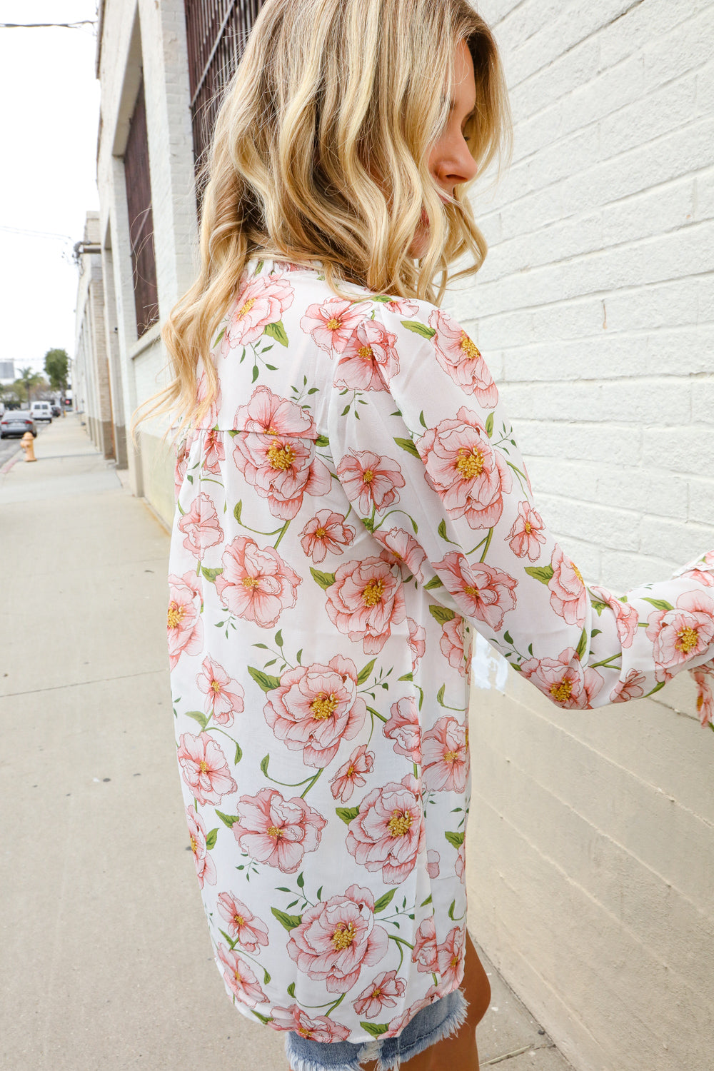 The Feminine Touch Chiffon Button-Down Floral Ruffle Sleeve Blouse - Magnolia Taken Moments