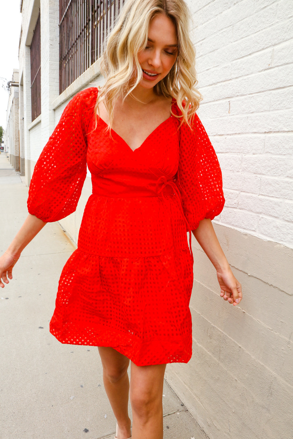 Love Found Red Crepe Sweetheart Wrap Yoke Puff Sleeve Lined Dress - Magnolia Taken Moments