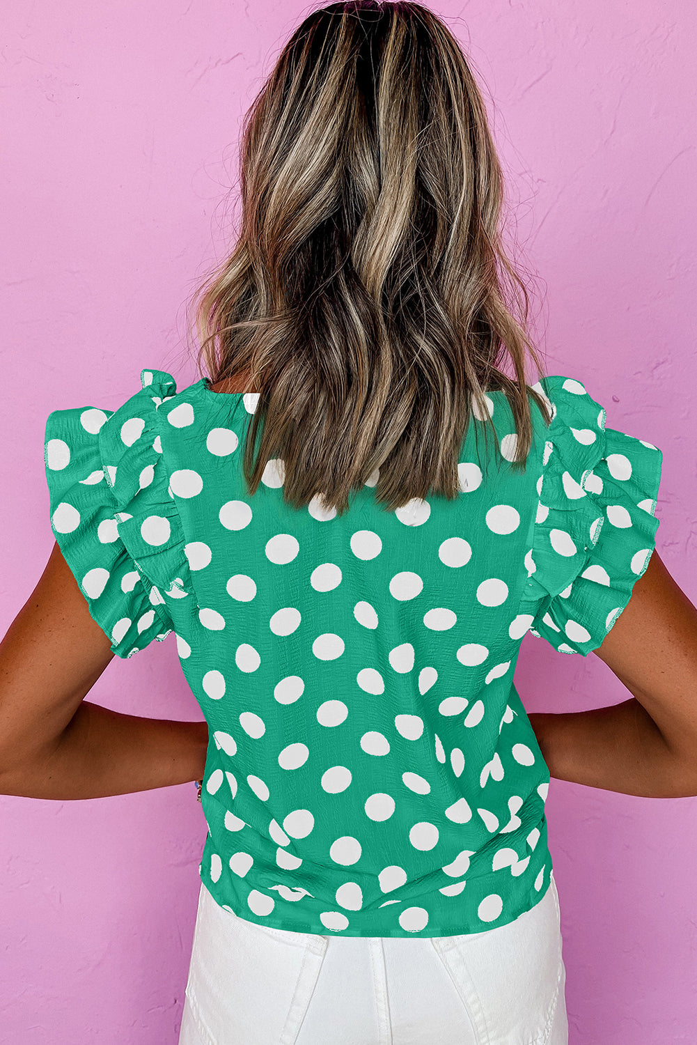 Green Polka Dot Print Ruffled Sleeve V Neck Blouse - Magnolia Taken Moments