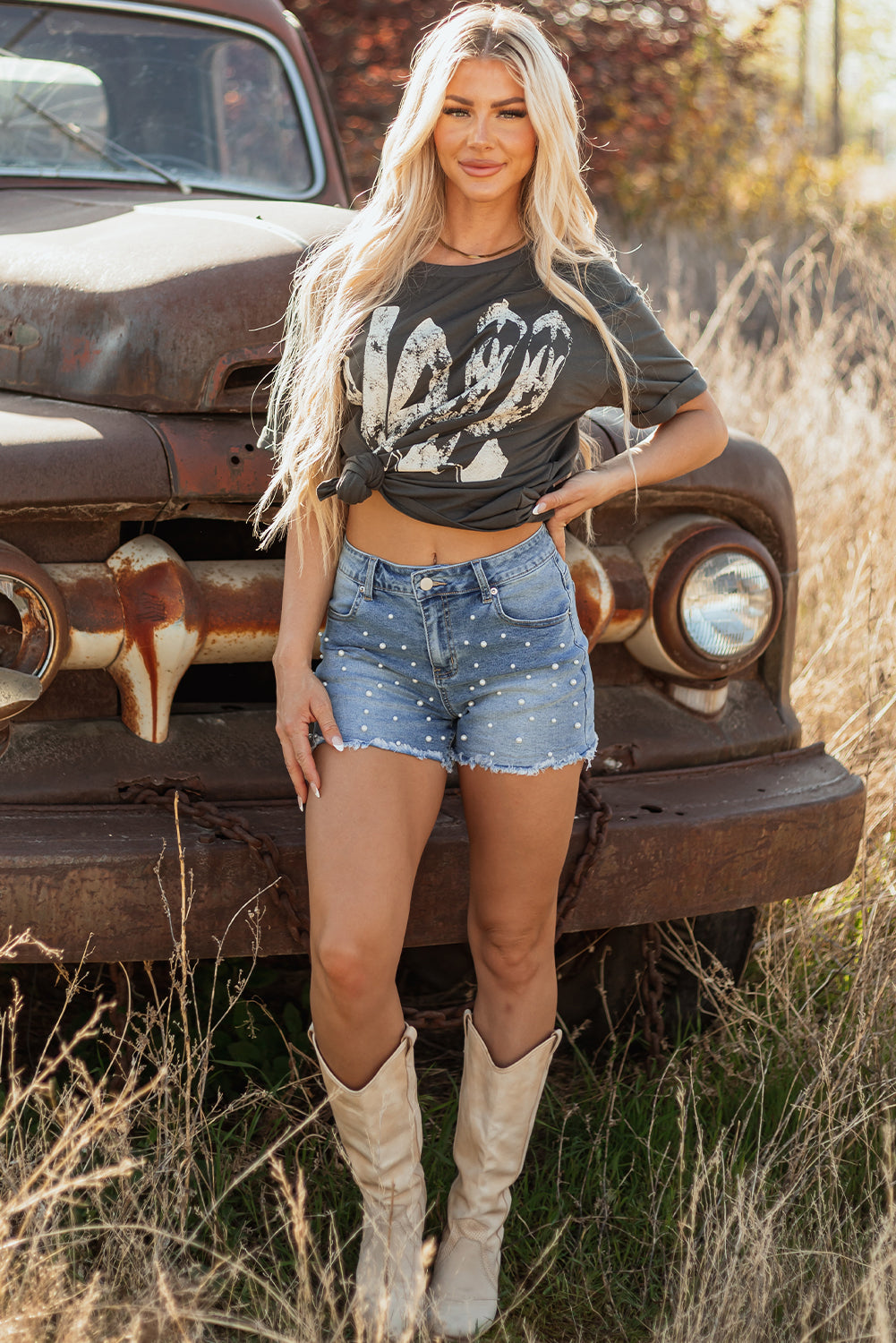 Dusk Blue Pearl Beaded Raw Hem Medium Wash Denim Shorts - Magnolia Taken Moments