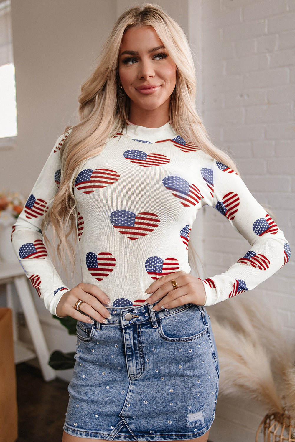 White Americana Glitter Mesh Long Sleeve Bodysuit - Magnolia Taken Moments
