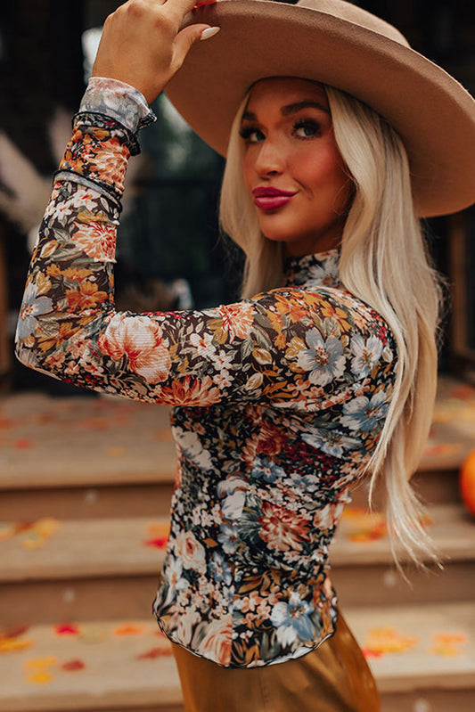Brown Floral Long Sleeve High Neck Sheath Mesh Blouse - Magnolia Taken Moments