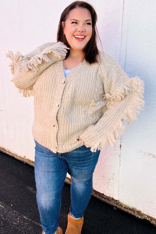 Weekend Ready Oatmeal V Neck Fringe Chunky Cable Cardigan - Magnolia Taken Moments