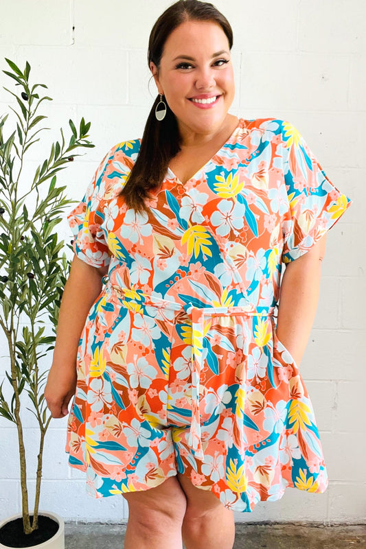 Tropical Trance Coral Tropical Floral Surplice Woven Romper - Magnolia Taken Moments