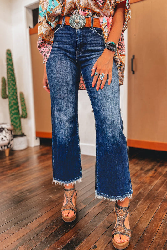 Sail Blue Mineral Wash Raw Hem High Waist Flared Jeans - Magnolia Taken Moments