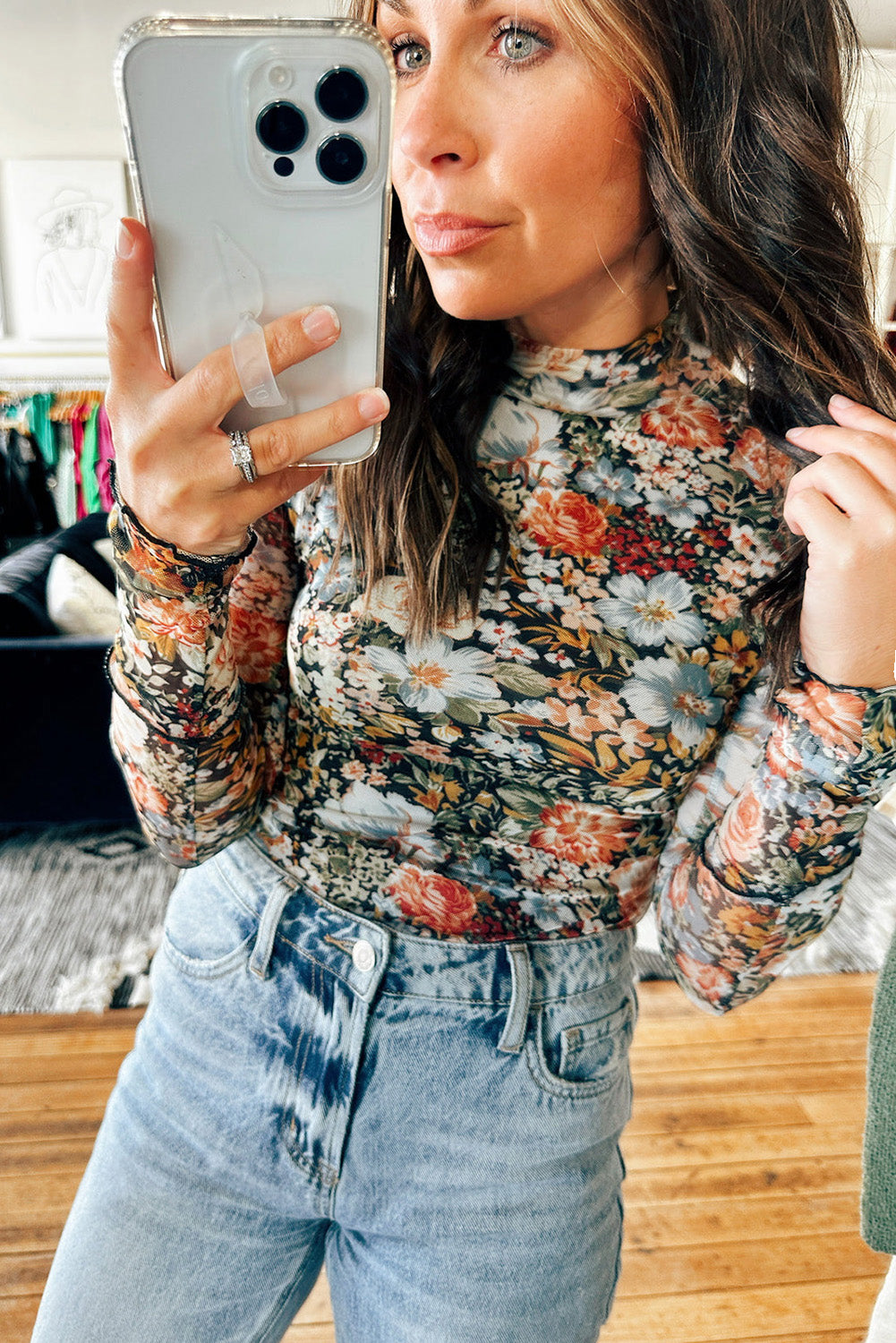 Brown Floral Long Sleeve High Neck Sheath Mesh Blouse - Magnolia Taken Moments