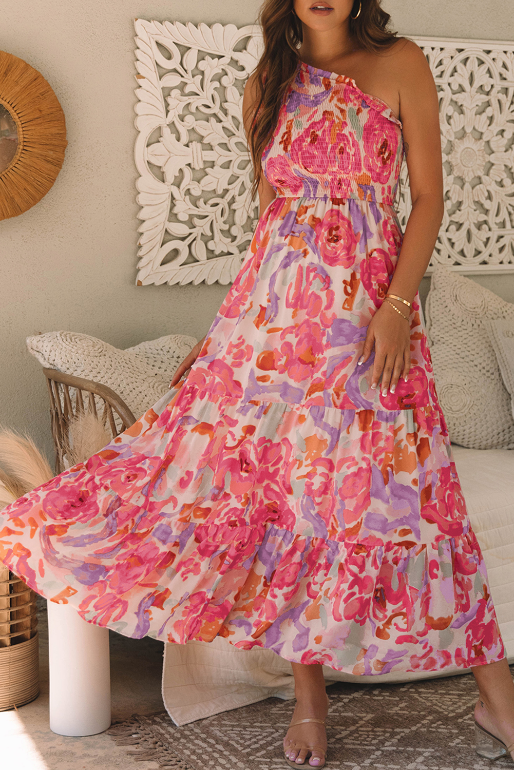 Pink Abstract Floral Print Shirred One Shoulder Maxi Dress - Magnolia Taken Moments
