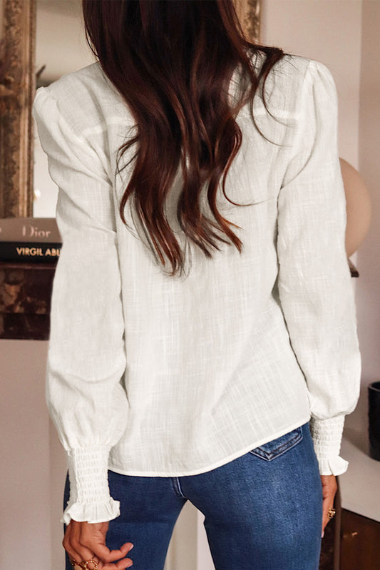 White Floral Embroidered Shirred Sleeve Elegant Shirt - Magnolia Taken Moments