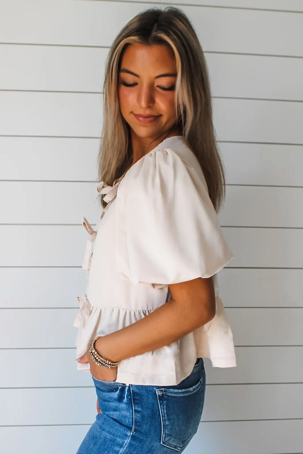 White Bow Tie Short Puff Sleeve Ruffle Hem Blouse - Magnolia Taken Moments