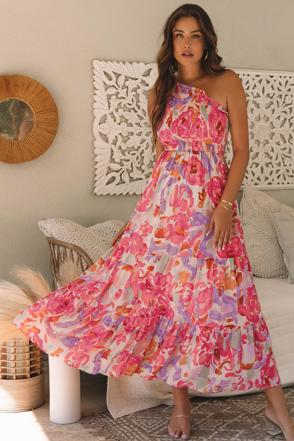 Pink Abstract Floral Print Shirred One Shoulder Maxi Dress - Magnolia Taken Moments