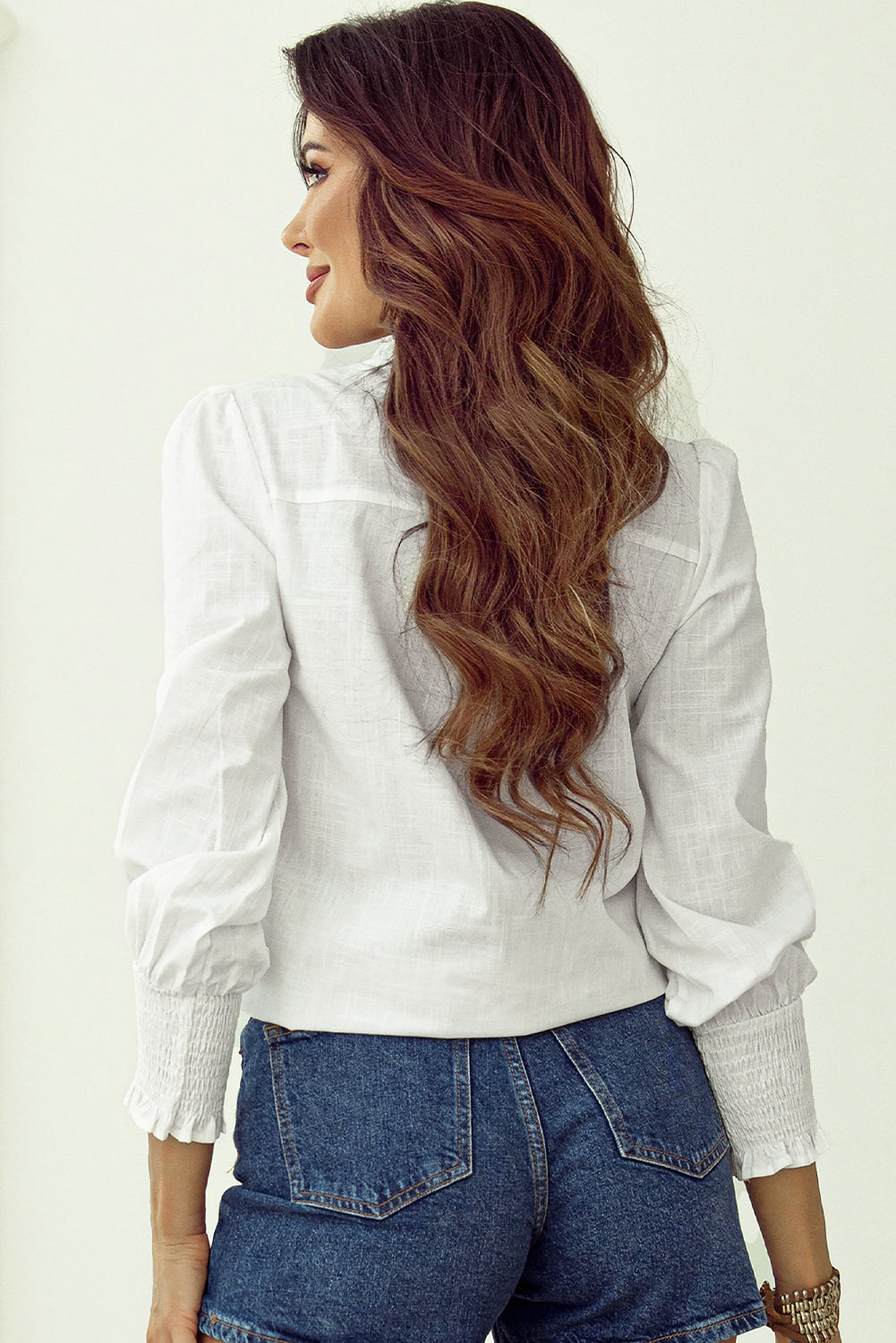 White Floral Embroidered Shirred Sleeve Elegant Shirt - Magnolia Taken Moments
