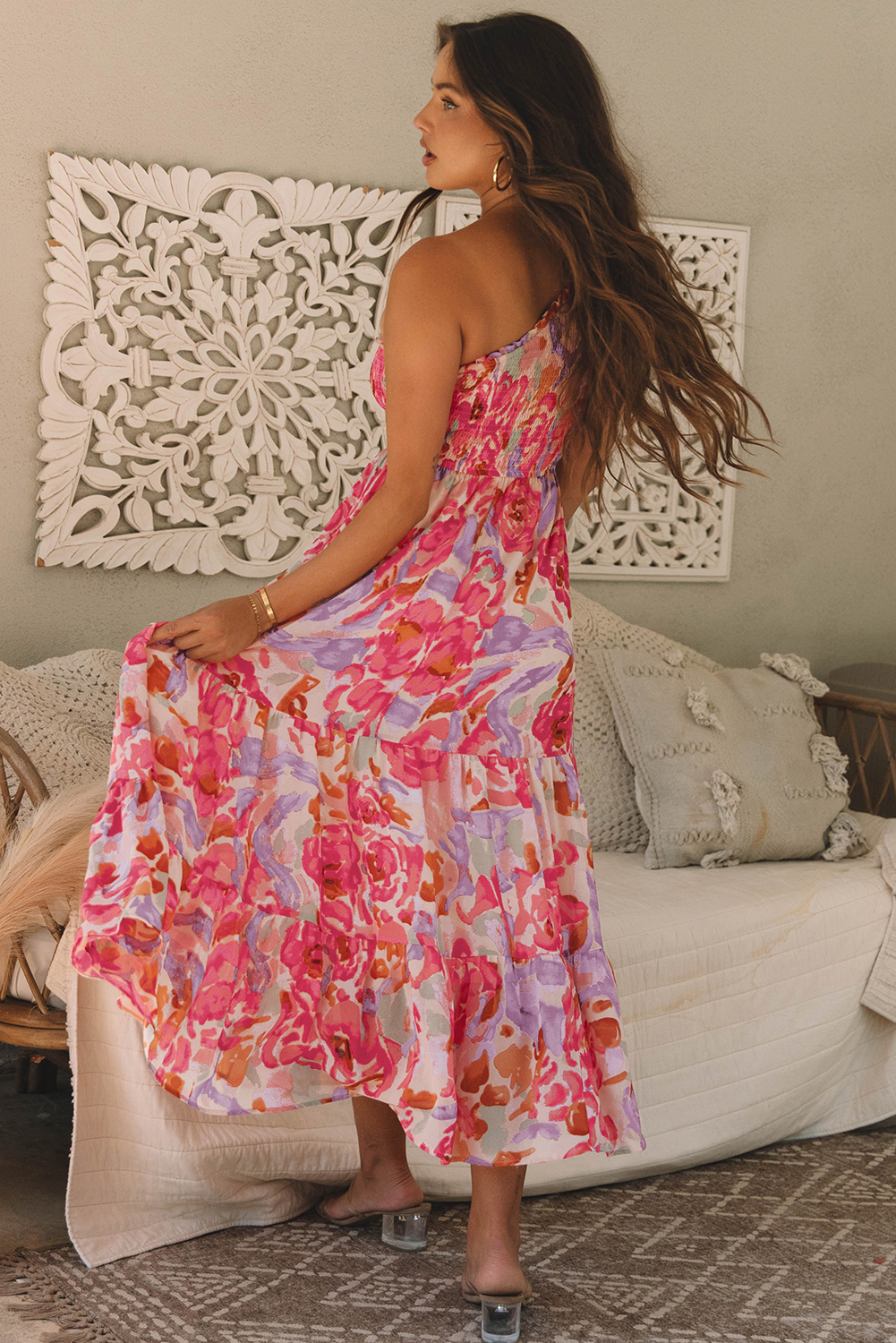Pink Abstract Floral Print Shirred One Shoulder Maxi Dress - Magnolia Taken Moments