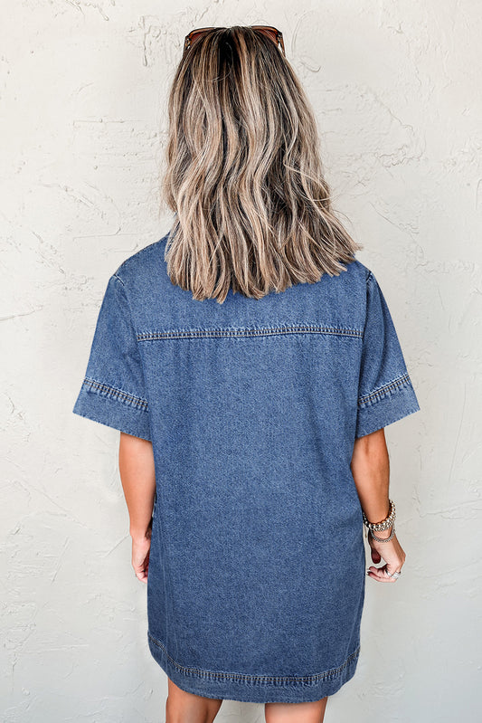 Blue Short Sleeve Collared Patched Pocket Denim Mini Dress - Magnolia Taken Moments