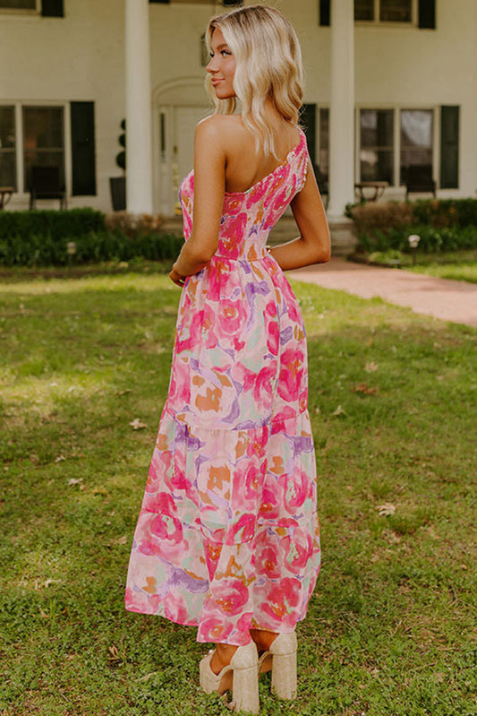 Pink Abstract Floral Print Shirred One Shoulder Maxi Dress - Magnolia Taken Moments