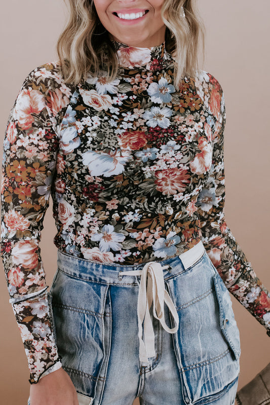 Brown Floral Long Sleeve High Neck Sheath Mesh Blouse - Magnolia Taken Moments