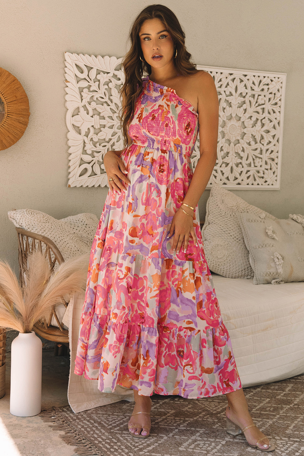 Pink Abstract Floral Print Shirred One Shoulder Maxi Dress - Magnolia Taken Moments