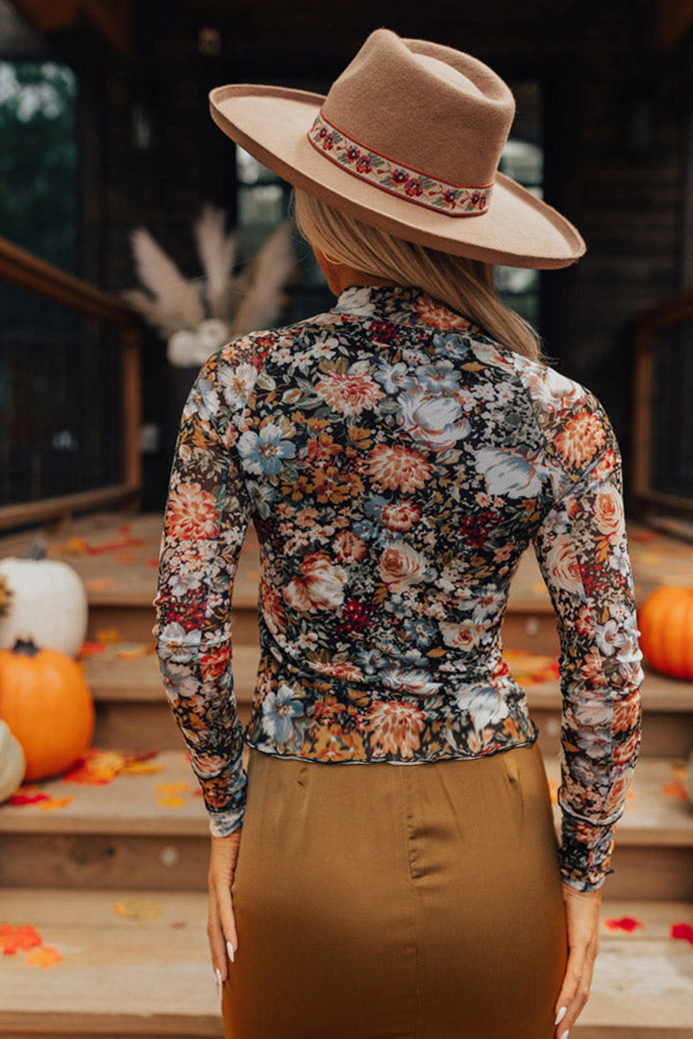 Brown Floral Long Sleeve High Neck Sheath Mesh Blouse - Magnolia Taken Moments